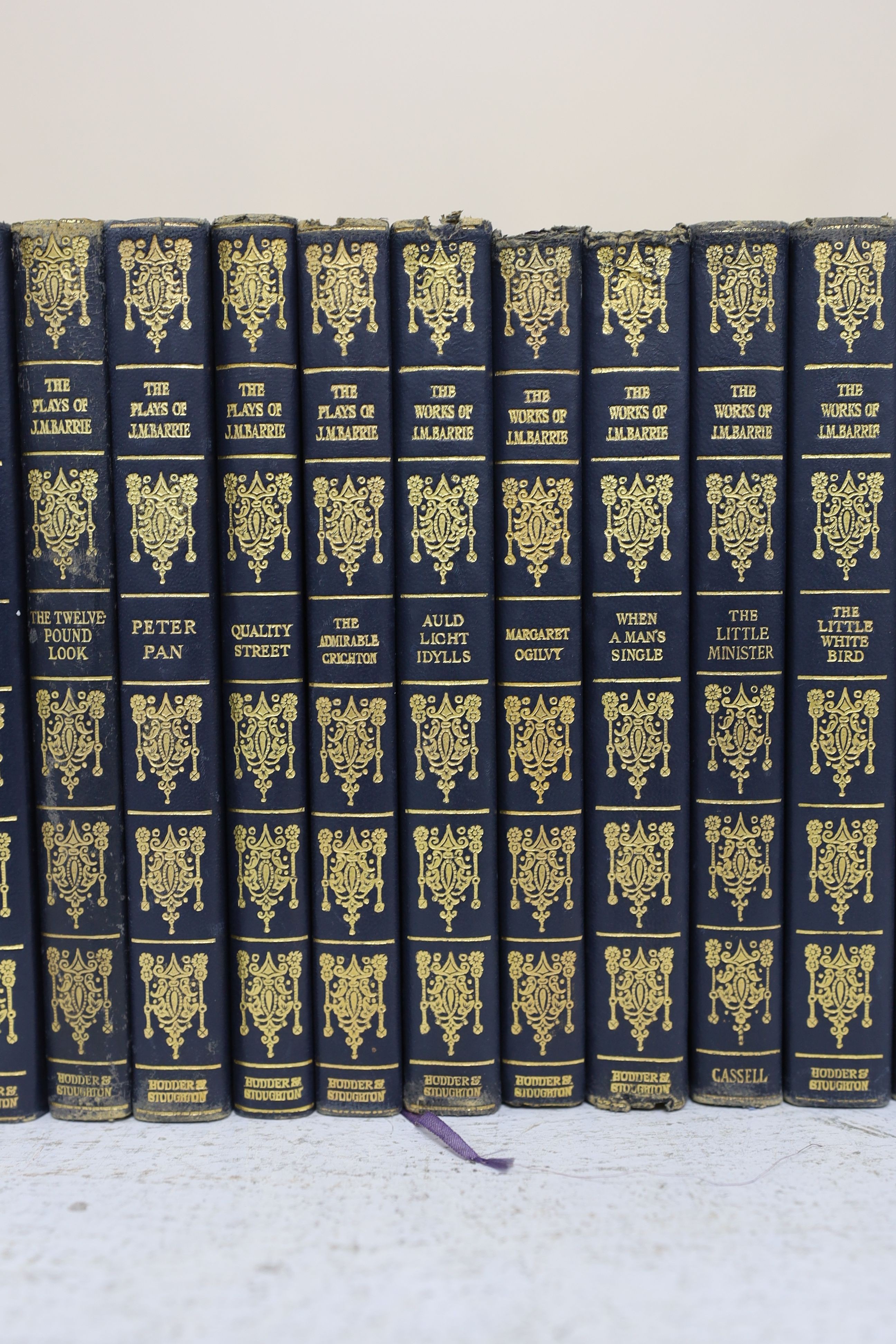 Barrie, J.M - The Plays (10 vols) and The Works (9 vols), uniformly bound in blue leatherette, with gilt lettered and decorated spines, Cassell & Company Ltd; London, 1928-30 (19 vols)